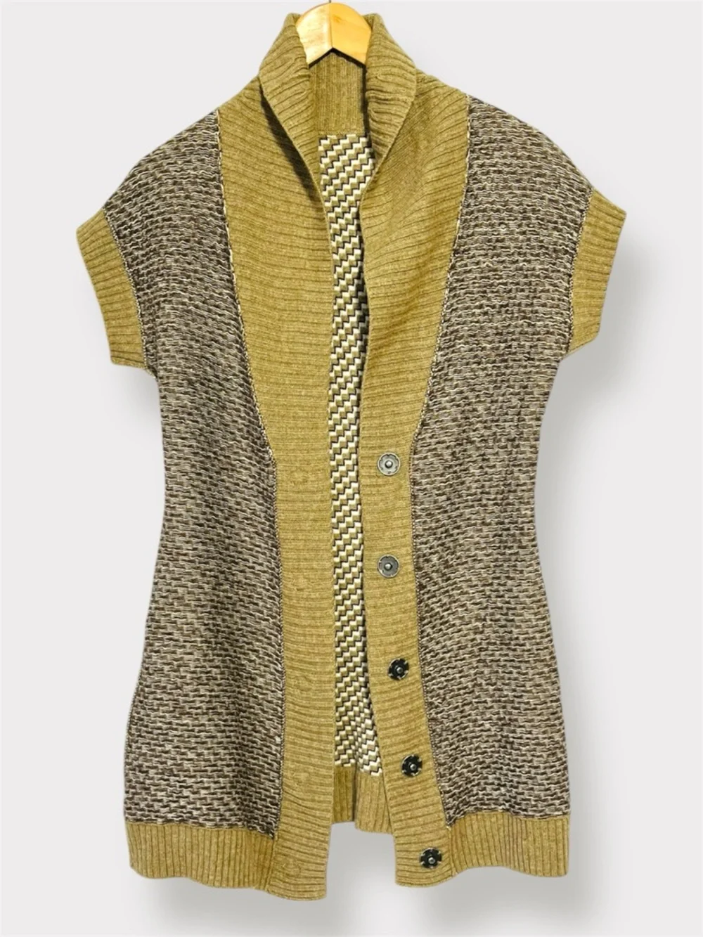 Esprit Y2K Short Sleeve Belted Cardigan Geometric Taupe Cream Black Size S - Picture 8 of 13